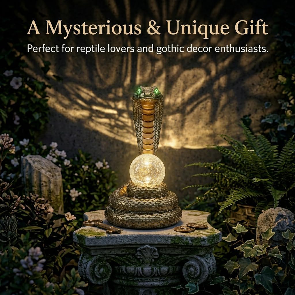 Solar Snake Statue Garden Decor, 14.2" Tall Resin Animal Figurine with Glowing Green Eyes & LED Crackle Glass Globe, Weatherproof Outdoor Yard Sculpture, Mysterious Gift for Patio Lawn