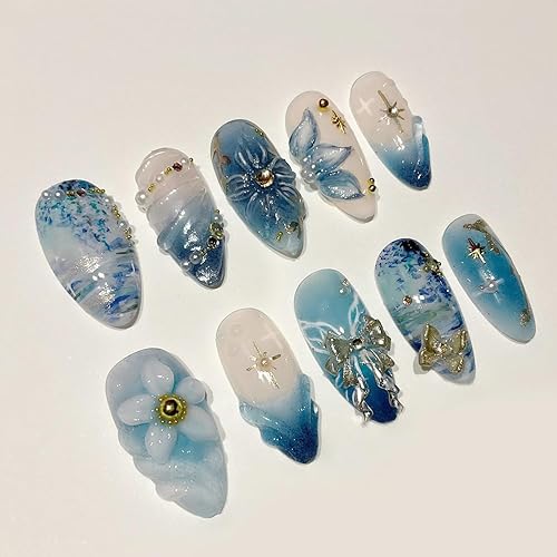 30Pcs Handmade Blue Press on Nails with Medium Almond Fake