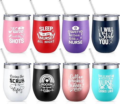 Zubebe 8 vasos para enfermeras con tapa con pajilla, taza de café de enfermería de acero inoxidable, botella de agua para enfermera, divertido