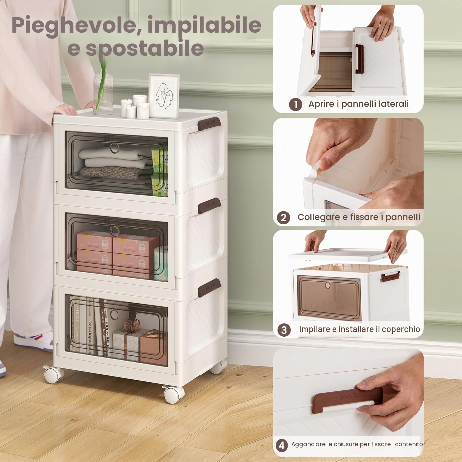 KOMFOTTEU Scatola portaoggetti pieghevole 75/105 l, contenitore in plastica a 3 livelli con 4 ruote, scatola organizer con coperchio e 2 aperture per camera da letto, soggiorno (105 L)