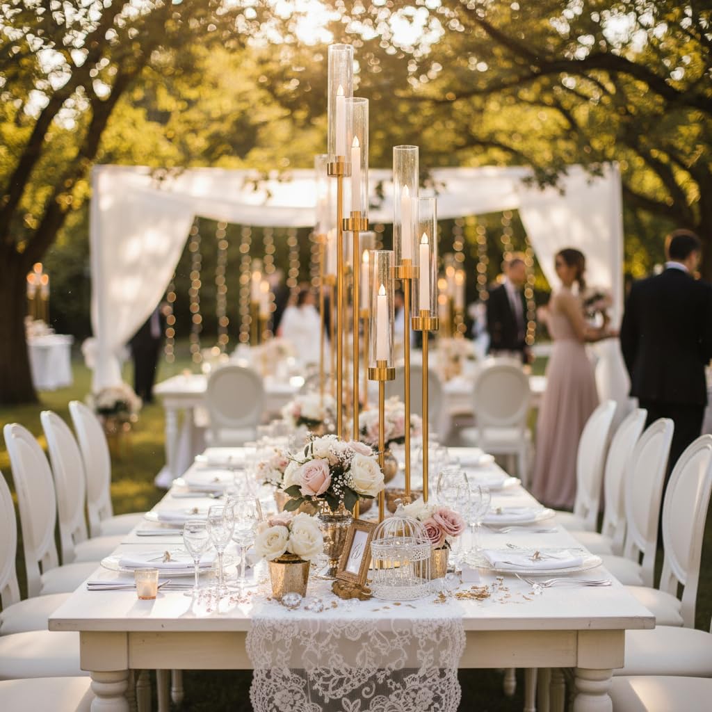 Chandelier doré de 100 cm, bougeoir à 5 Bras avec Abat-Jour en Acrylique pour Table de Mariage, fête d'anniversaire, décoration d'intérieur, Convient aux Bougies Coniques LED
