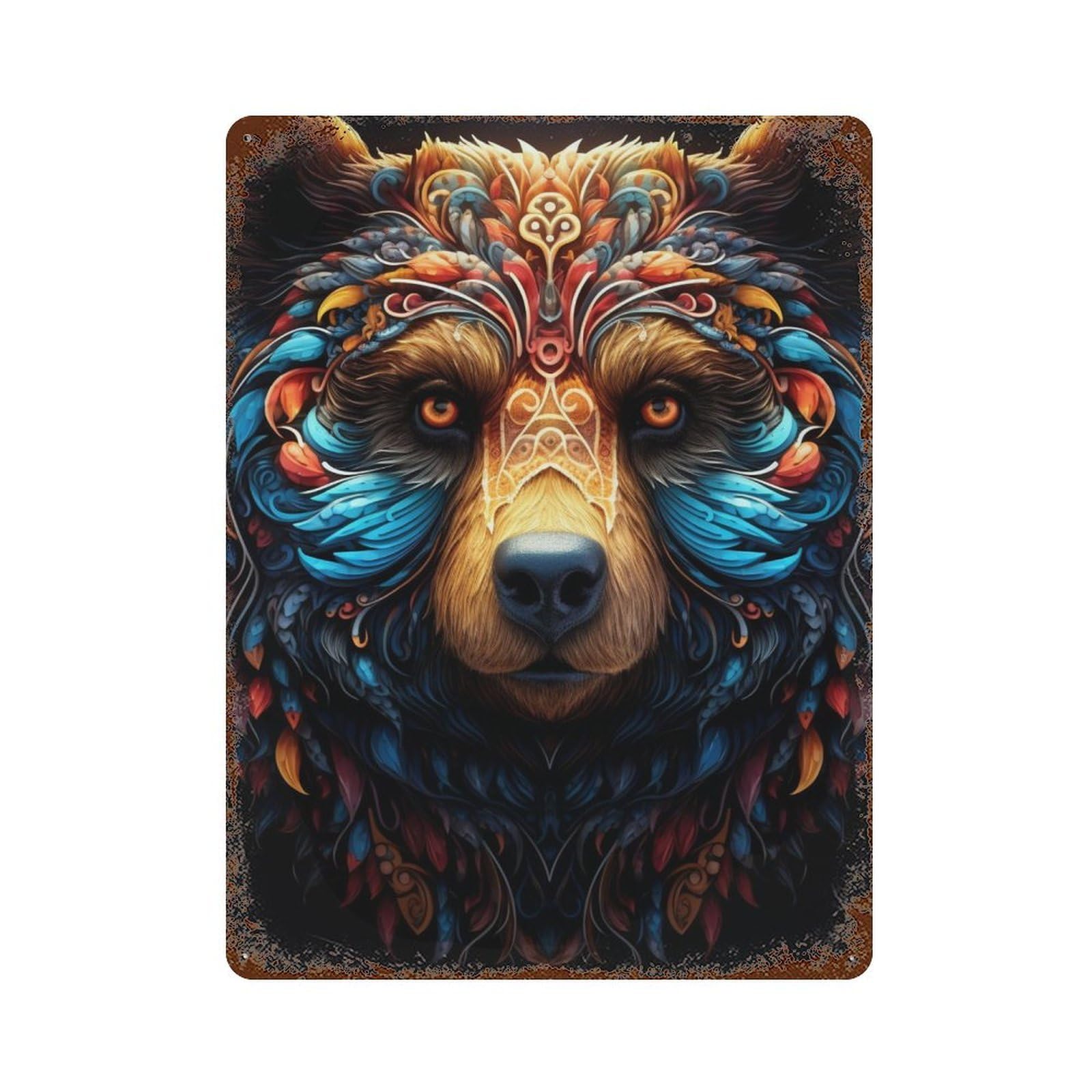 Colorful Bear Mandala Art Print Rustic Tin Plaque 15.7"x11.8", for Shed, Workshop And Garage Wall Decor, Farmhouse Wall Decor