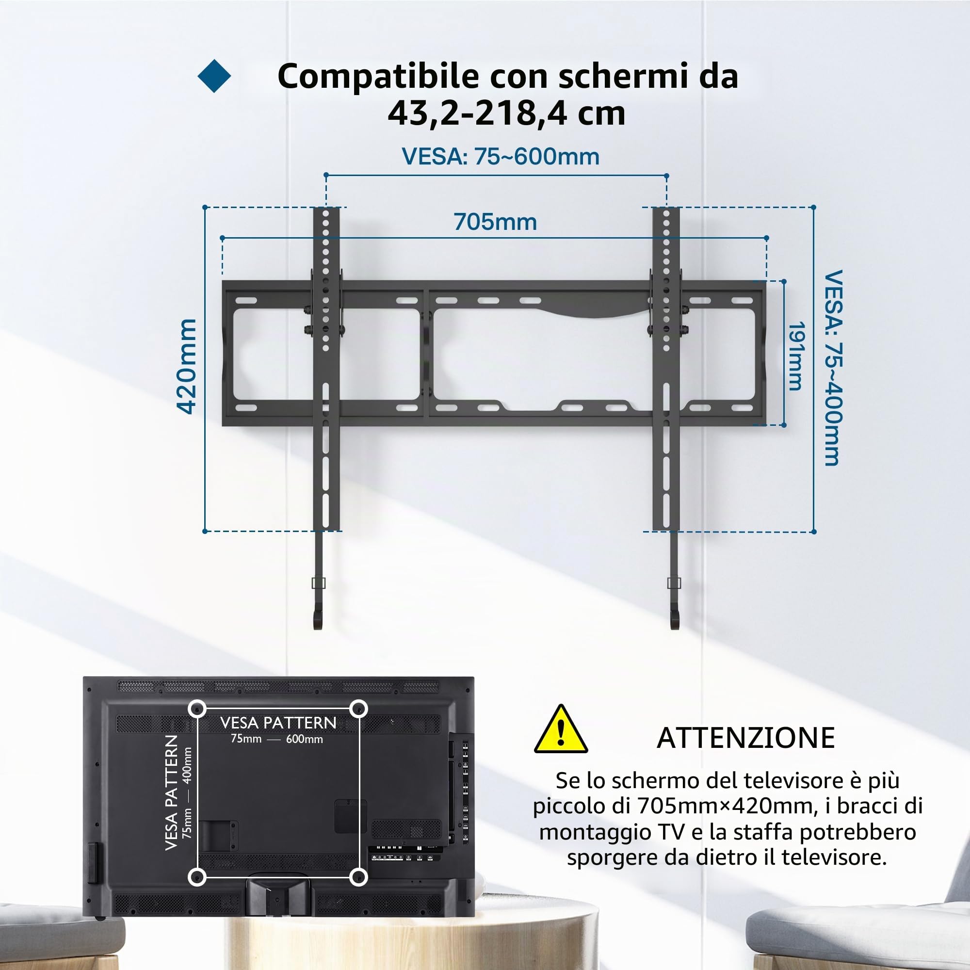 BONTEC Supporto TV Parete 17-86 Pollici Inclinabile VESA 600x400 mm 75 kg