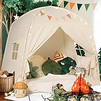 Sumbababy Large Kids Teepee Tent with Star Lights & Flags - Indoor Playhouse Dome Castle for Boys Girls Spacious Cream Canopy Bed