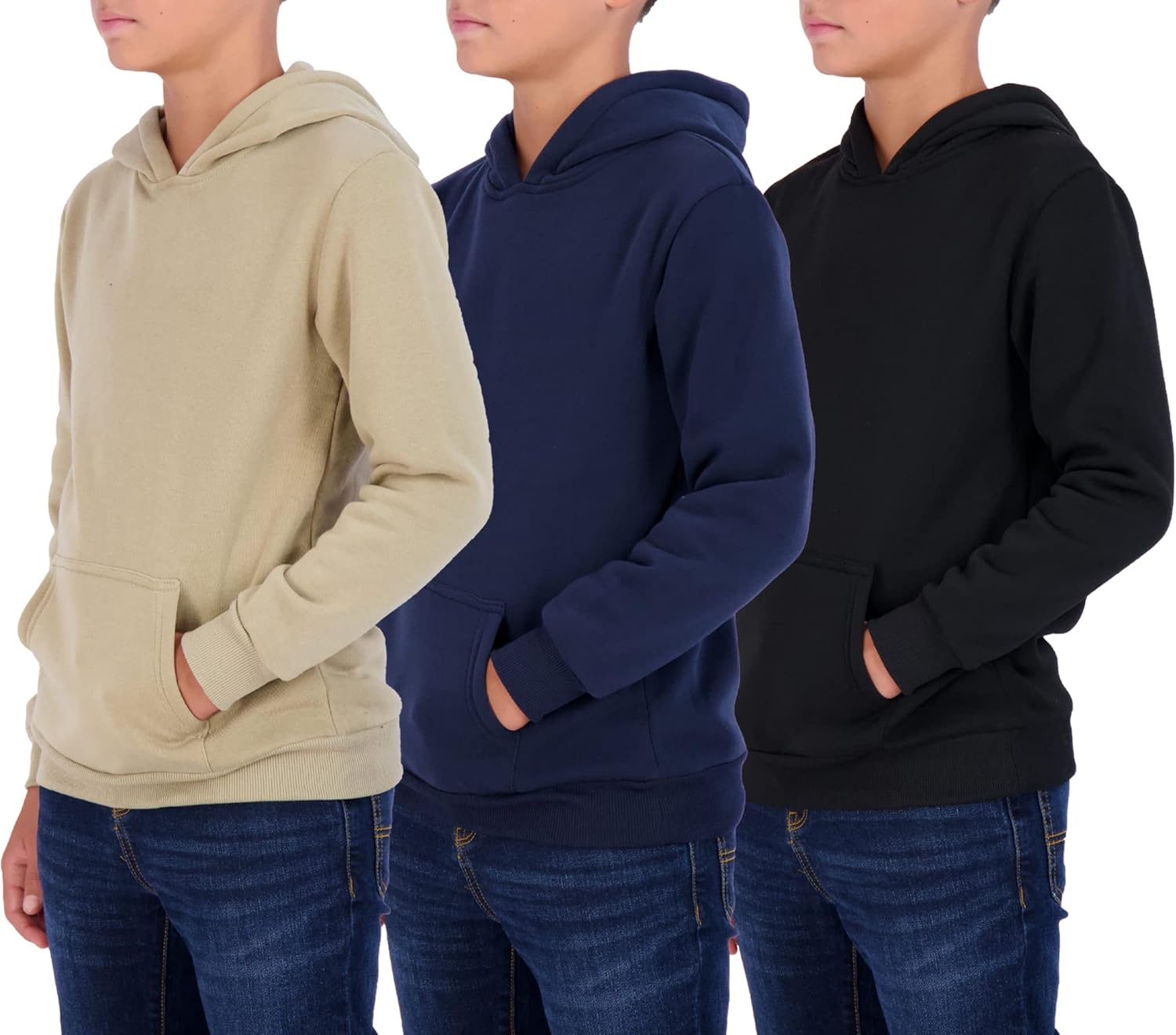 Real Essentials 3 Pack: Youth Fleece Long Sleeve Soft Pullover Hoodie Sweatshirt - Boys & Girls