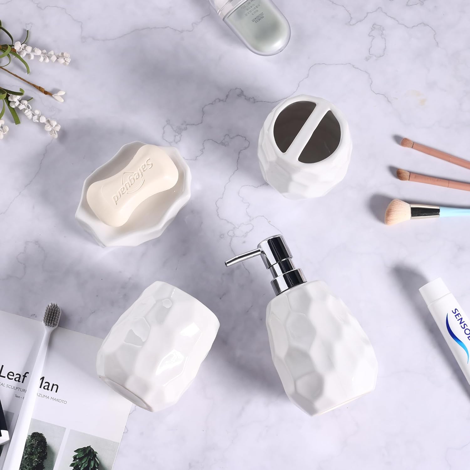 Ceramic Bathroom Accessories Set 4 PCS,Bathroom Toothbrush Holder Set,Soap and Toothbrush Holder Set,Include Toothbrush Holder,Soap Dispenser,Tumbler,Soap Dish,Bathroom Sets Decor Organizer (White) - Image 8