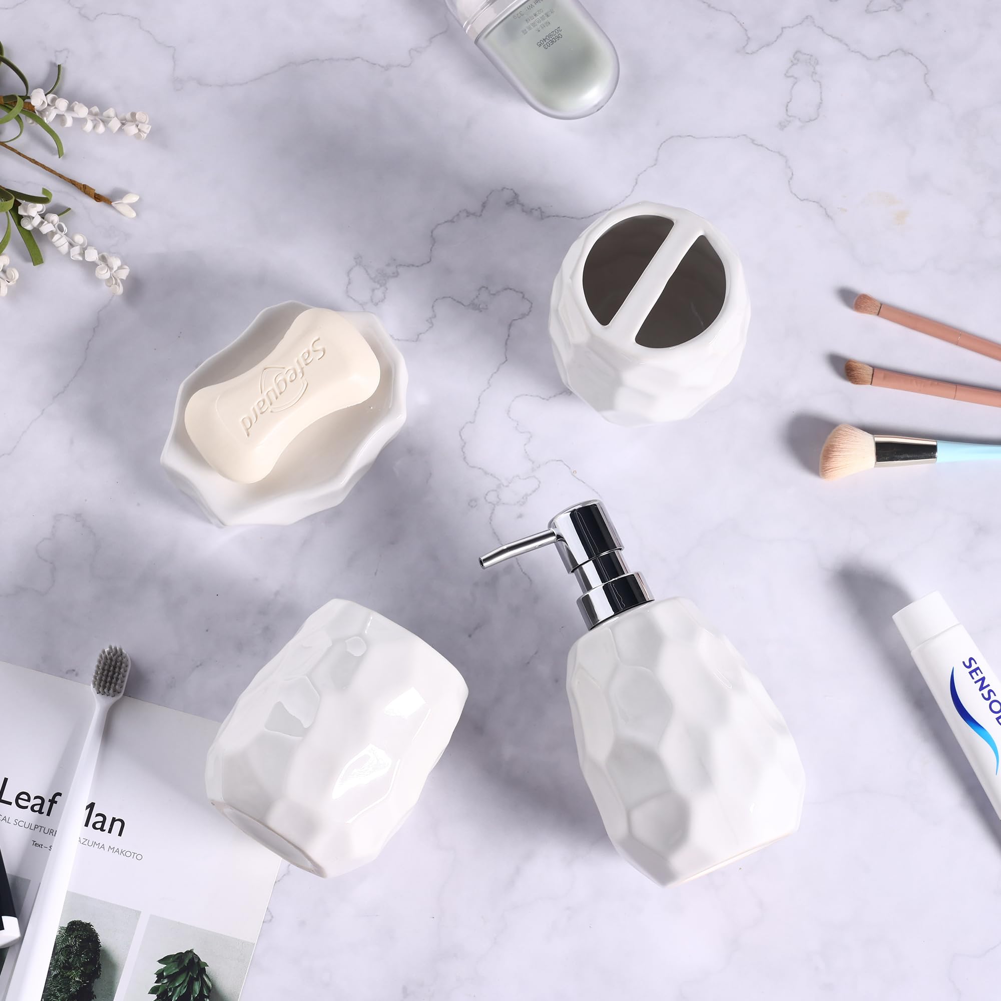 Juego de 4 accesorios de baño de cerámica, juego completo de baño grueso, incluye soporte para cepillo de dientes, dispensador de jabón, bandeja de tocador, vaso, organizador de baño con jabonera 7