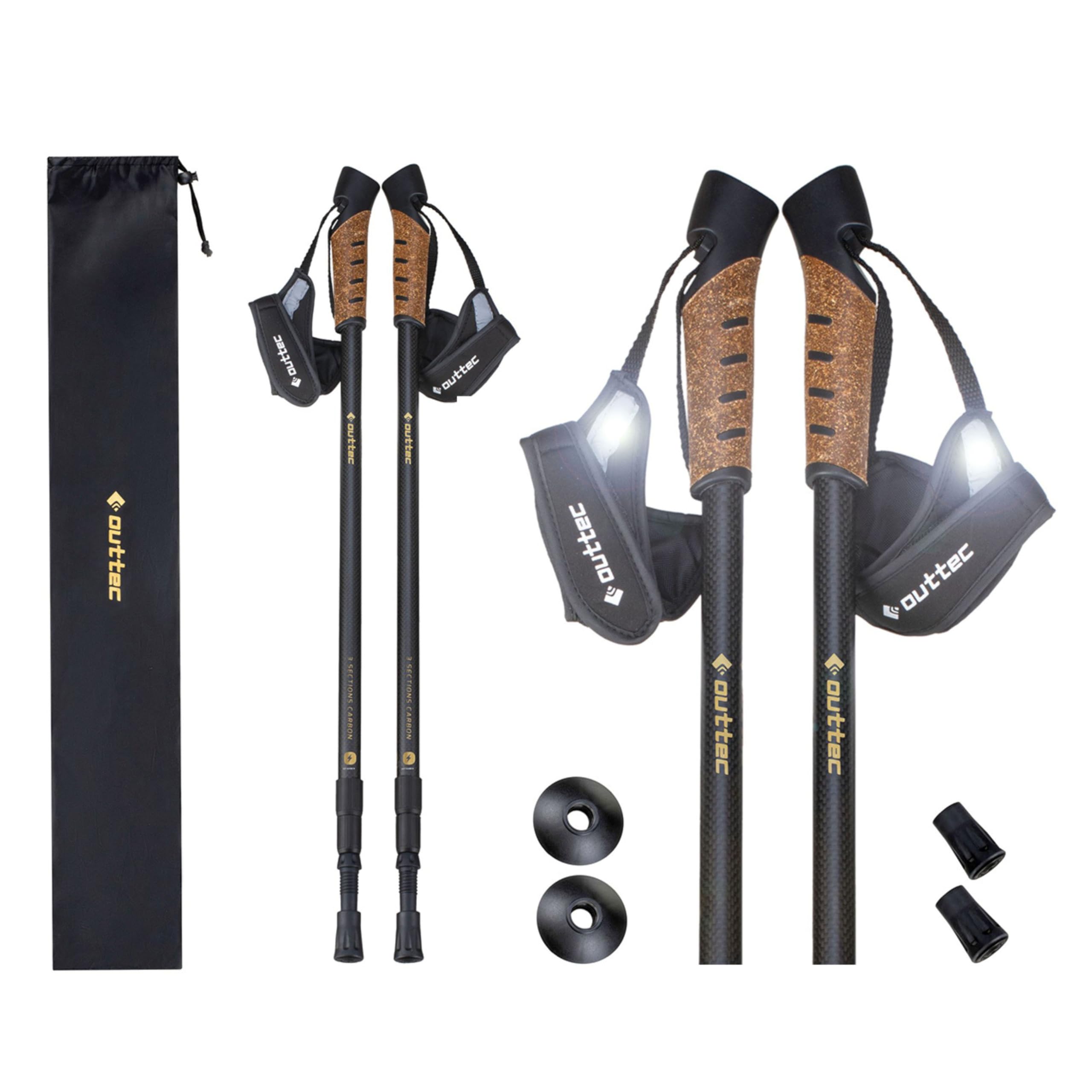 Bâtons de randonnée en Carbone Ultra légers, Réglables Bâtons de Marche Nordique 70-135 cm avec Bouchon en Caoutchouc, Bâton de Trekking Monobloc avec Tampon en Caoutchouc pour Homme et Femme
