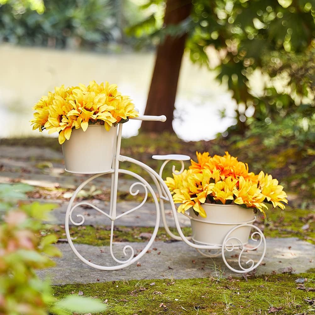 Glitzhome Hand Painted Metal Bicycle Plant Stand Standing Planter Flower Holder Indoor Outdoor Decor White,21.5" L