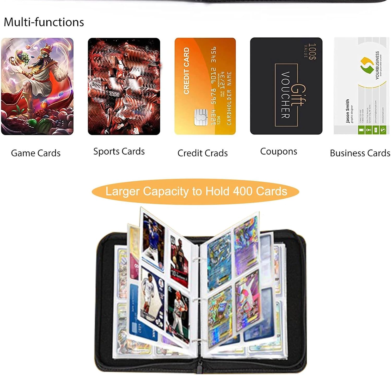 Football Theme Trading Card Binder, 4 Pocket Card Album Holds 400 Cards with 50 Removable Sleeves, Zipper Card Storage Organizer for Sports Cards, Game Cards & Football Cards image 3