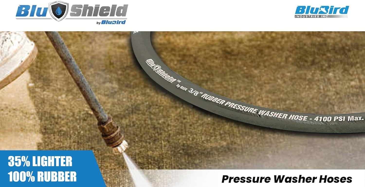 BluShield Aramid Braided Rubber Pressure Washer Hose, 4100 Psi, Handle 250°F Hot & Cold Water, Heavy Duty, 35% Lighter, Flexible (3/8" x 15')