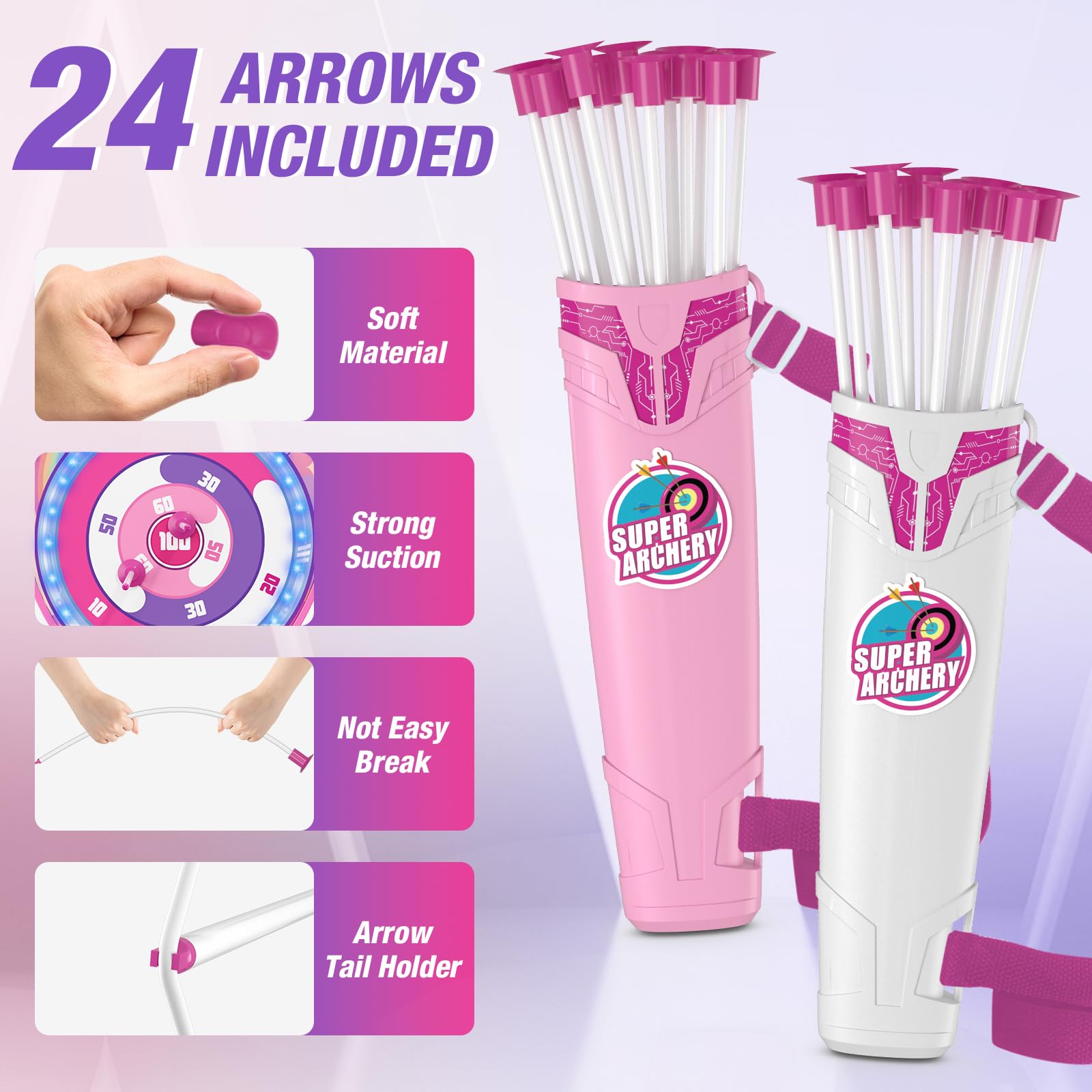 HYES 2 Pack Arrow and Bow for Kids, LED Light Unicorn Archery Set with Suction Cup Arrows, Standing Glow Target, Score Targets, Quivers, Indoor Outdoor Toys Gifts for Boys Girls