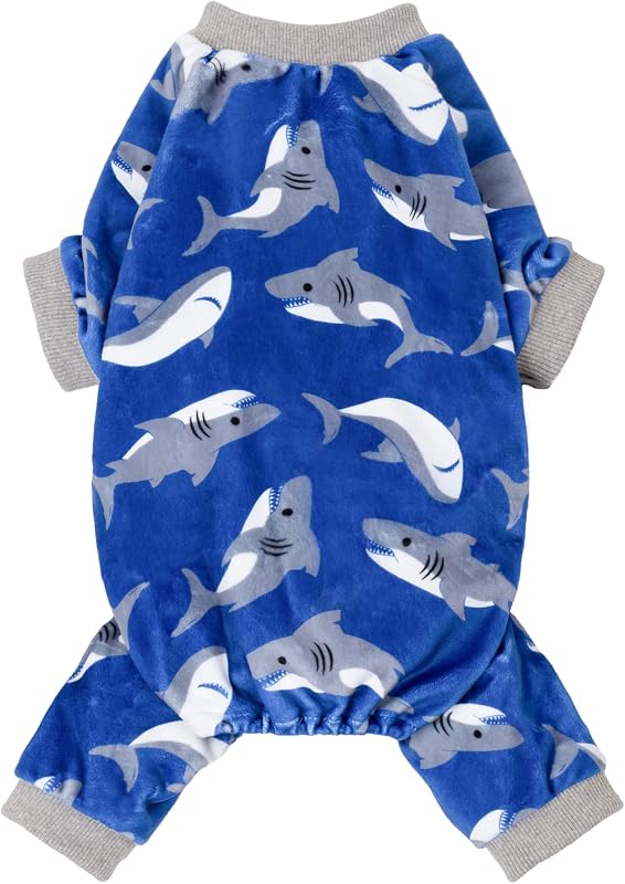 Pijama de Tubarão para Cães e Gatos Pequenos Fitwarm em Veludo Azul Royal com Patinhas (XXL)