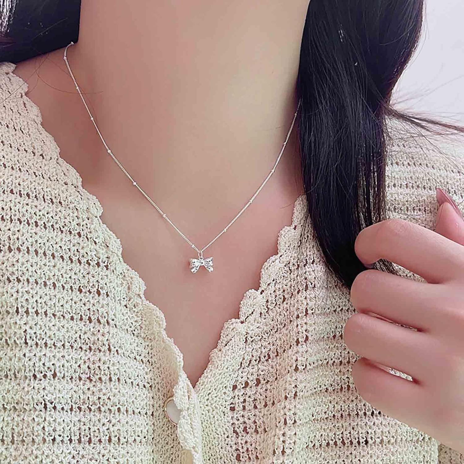 Bohemian Bow Choker Necklace Silver Bow Tie Pendant Necklace Small Bow Satellite Chain Necklace Minimalist Bow Station Box Chain Necklace Jewelry for Women Gifts - Image 2