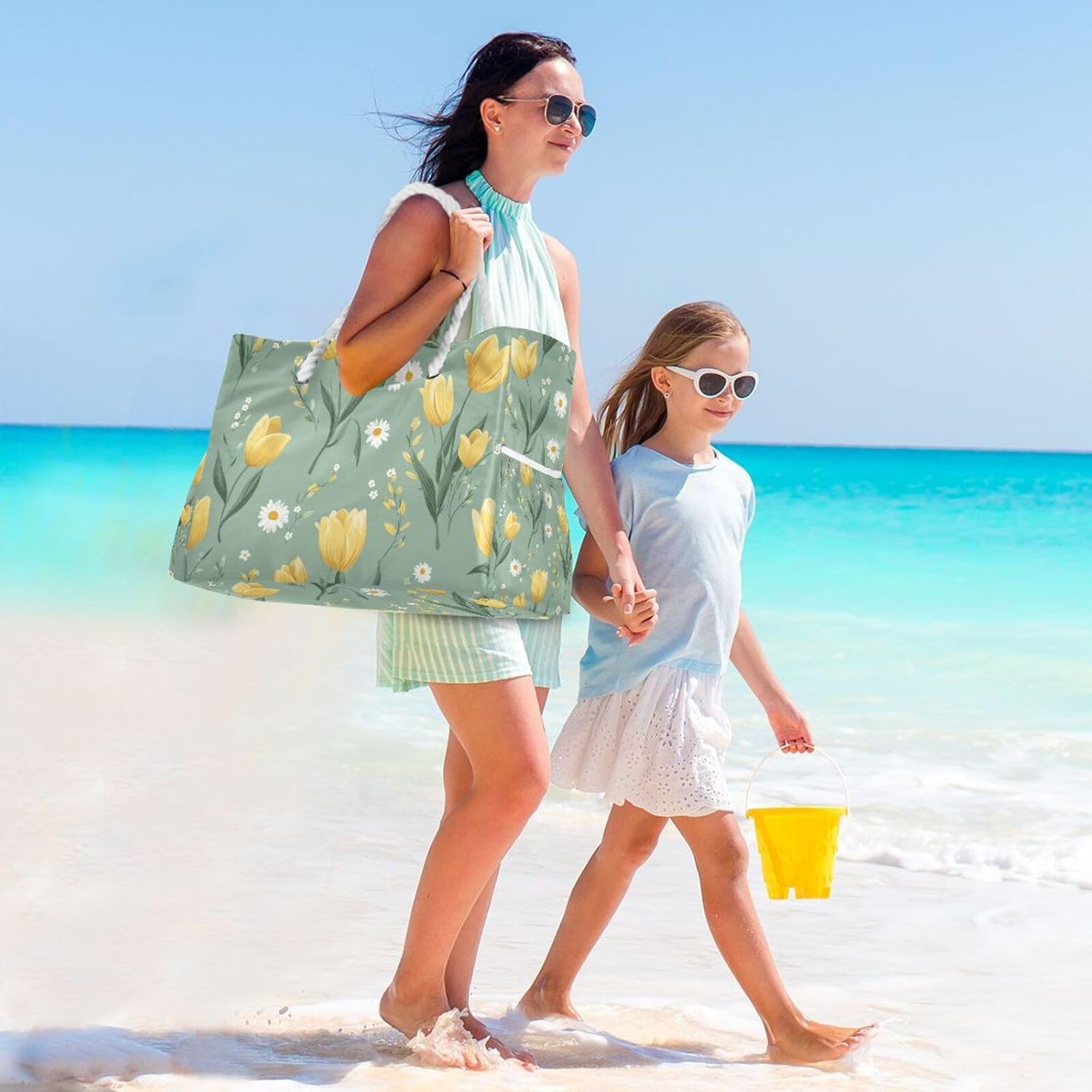 OTVEE Yellow Tulips and Leaves Pattern Beach Bags for Women Ladies Large Canvas Tote Shoulder Bag Waterproof Travel Bags for Gym Swim Pool Camping