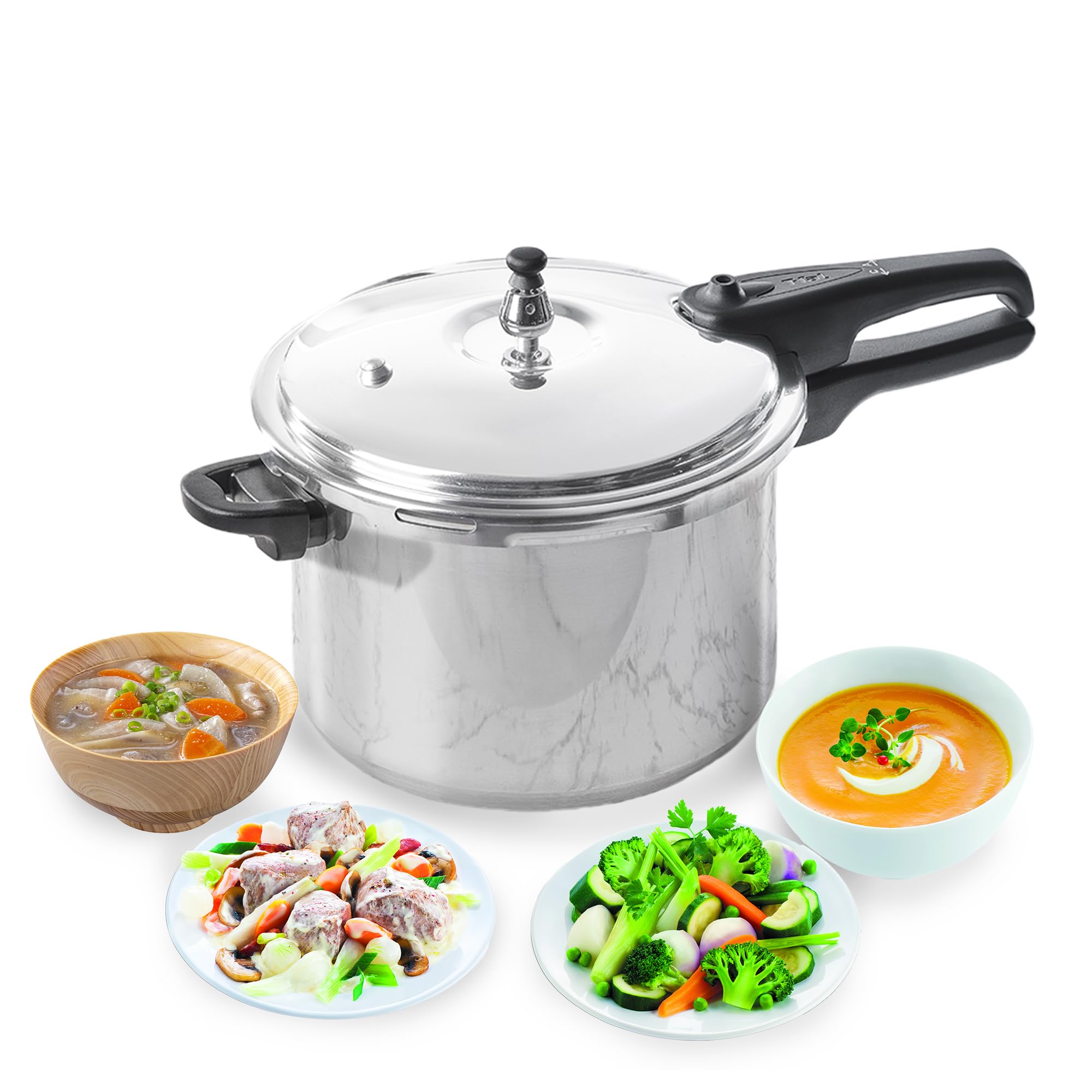 T-fal pressure cooker surrounded by various cooked dishes like soup, meat, and steamed vegetables, highlighting its versatility.