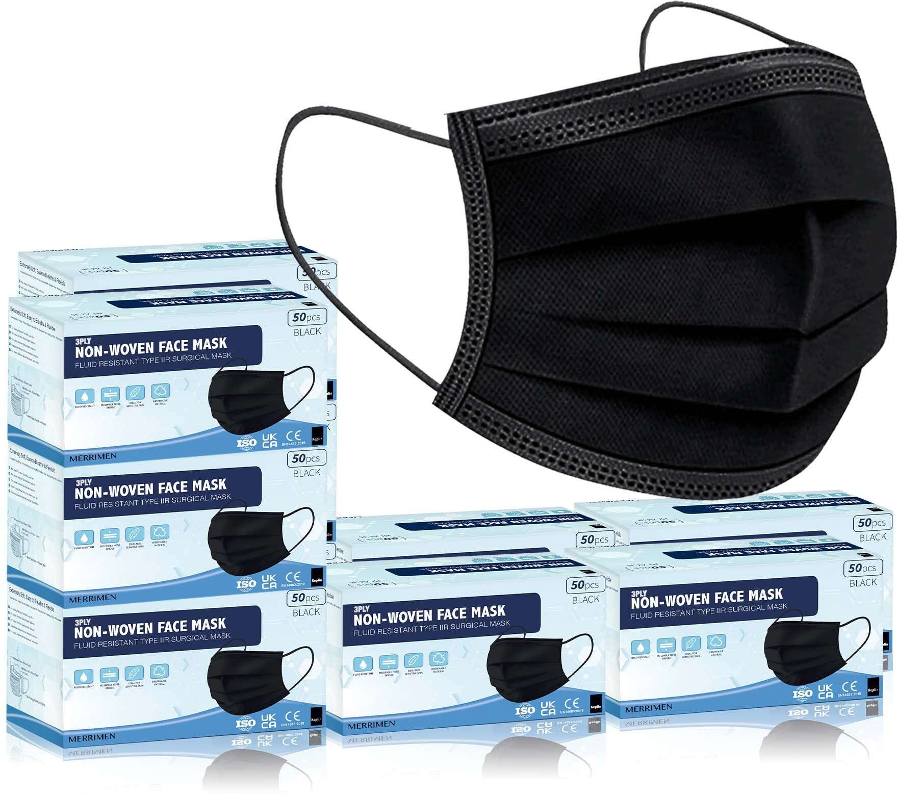 KEPLIN 500pk- Disposable 3-Layer Protective Face Masks, High Filterability, Sutaible For Sensitive Skin - Black,FMBL21