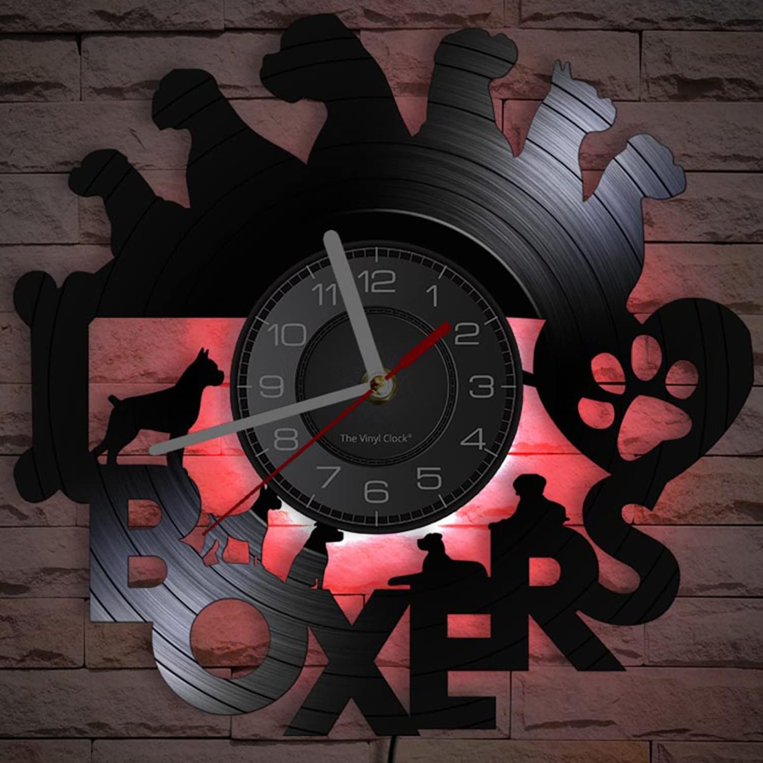 12 Inch I Love Boxes Dog LED Vinyl Record Wall Clock with 7 Colors Luminous Modes, Vintage Boxer Dog Lights Wall Clock Puppy Dog Watch for Dog Lovers Gift Kids Room Living Room Bedroom Decor