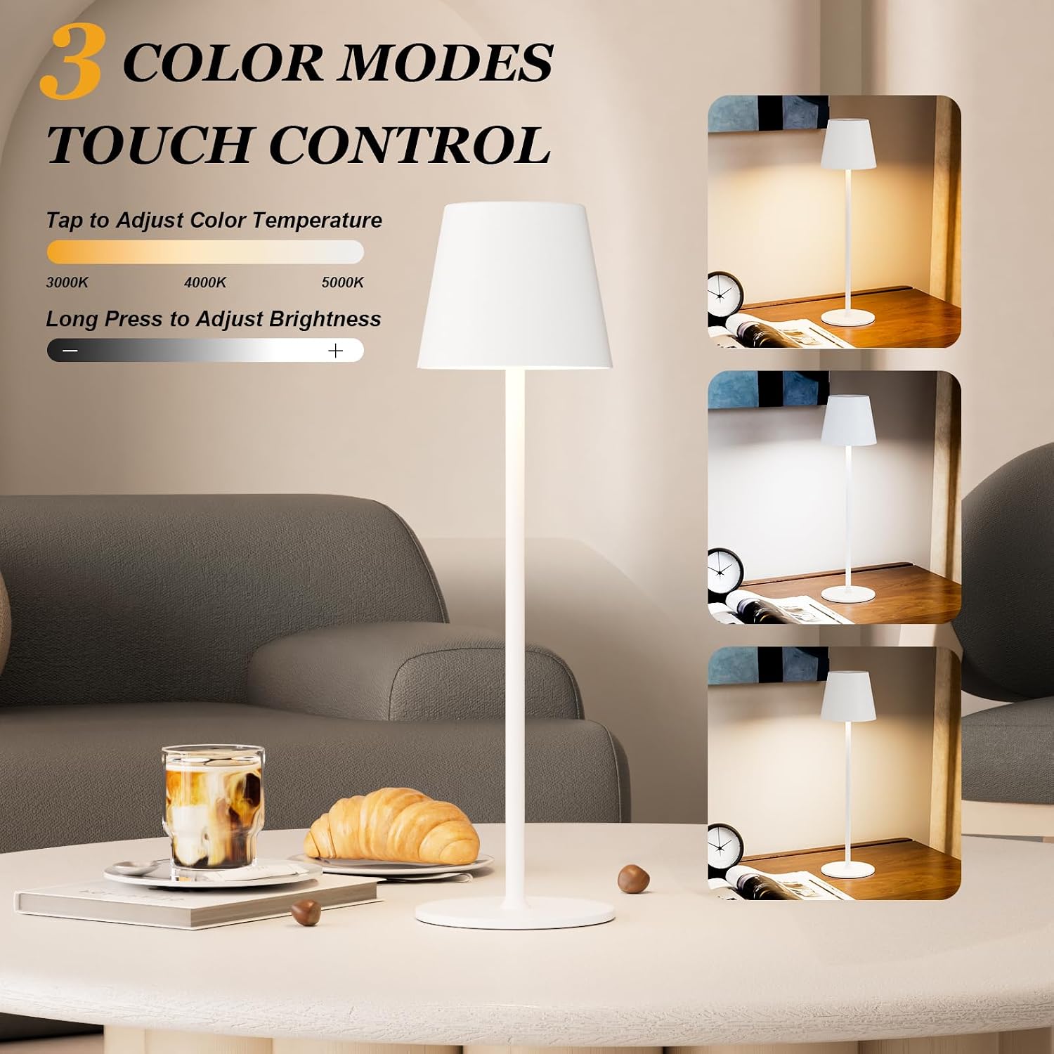 Kakanuo Cordless Table Lamp Rechargeable White - KK 2 Pack 5000mAH Battery Operated Lamp for Table, 3 Color Stepless Dimming Wireless Lamp for Kitchen Counter, Outdoor Patio, Touch Control thumbnail