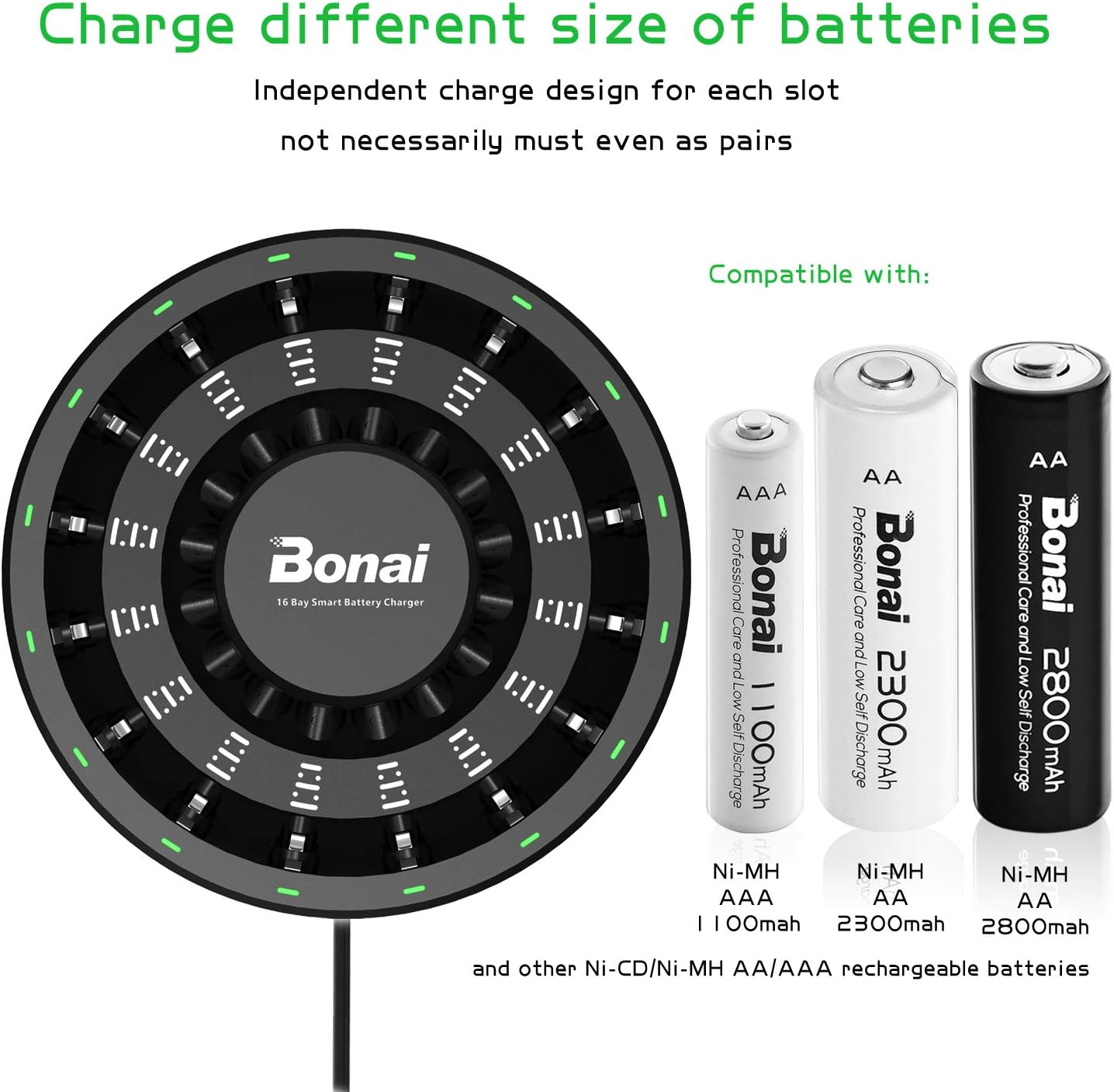 BONAI 16 Bay Rechargeable Battery Charger AA AAA Rechargeable Round Battery Charger for NiMH NiCD AA AAA Batteries with Smart LED Light and Plug High Speed Charging : Electronics