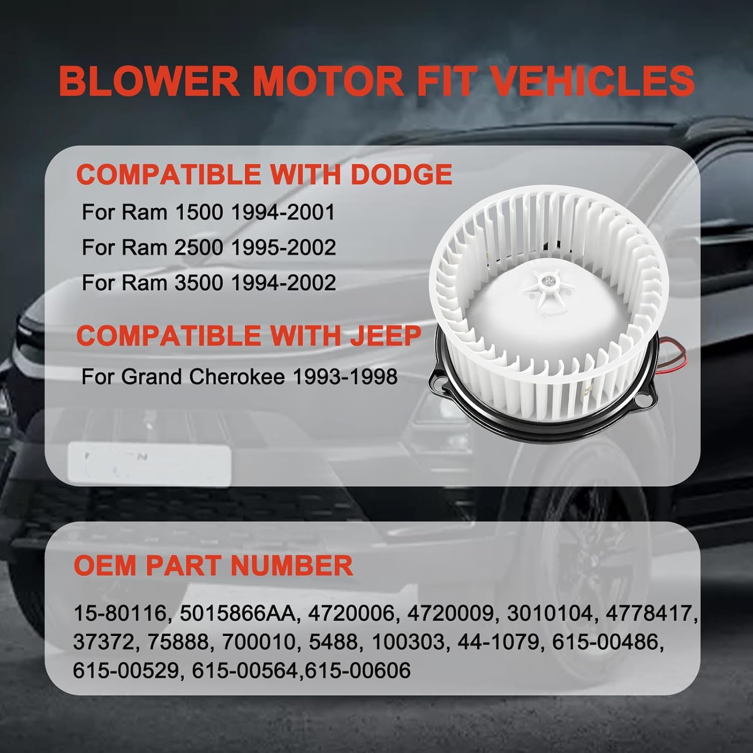 AC Heater Blower Motor Fan HVAC Motor Replacement 700010 5015866AA 615-00486 Compatible with Dodge for Ram 1500/2500/3500 1994-2002,for Jeep for Grand Cherokee 1993-1998