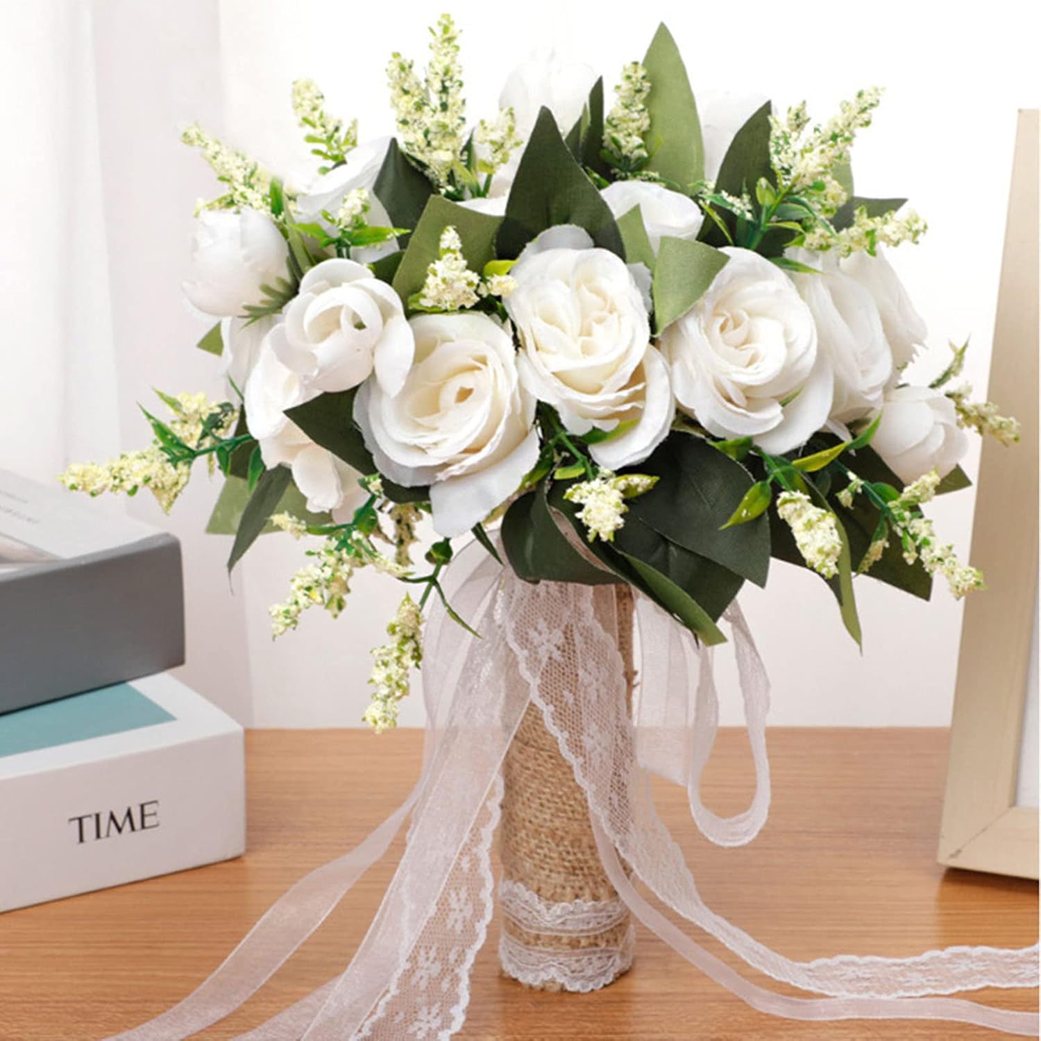 TOPINCN Wedding Bouquet for Bride Artificial Bridal Bouquet Holder Lifelike Holding Flowers Elegant Decorative Bridal Bouquet for Wedding Photography (Milky White)