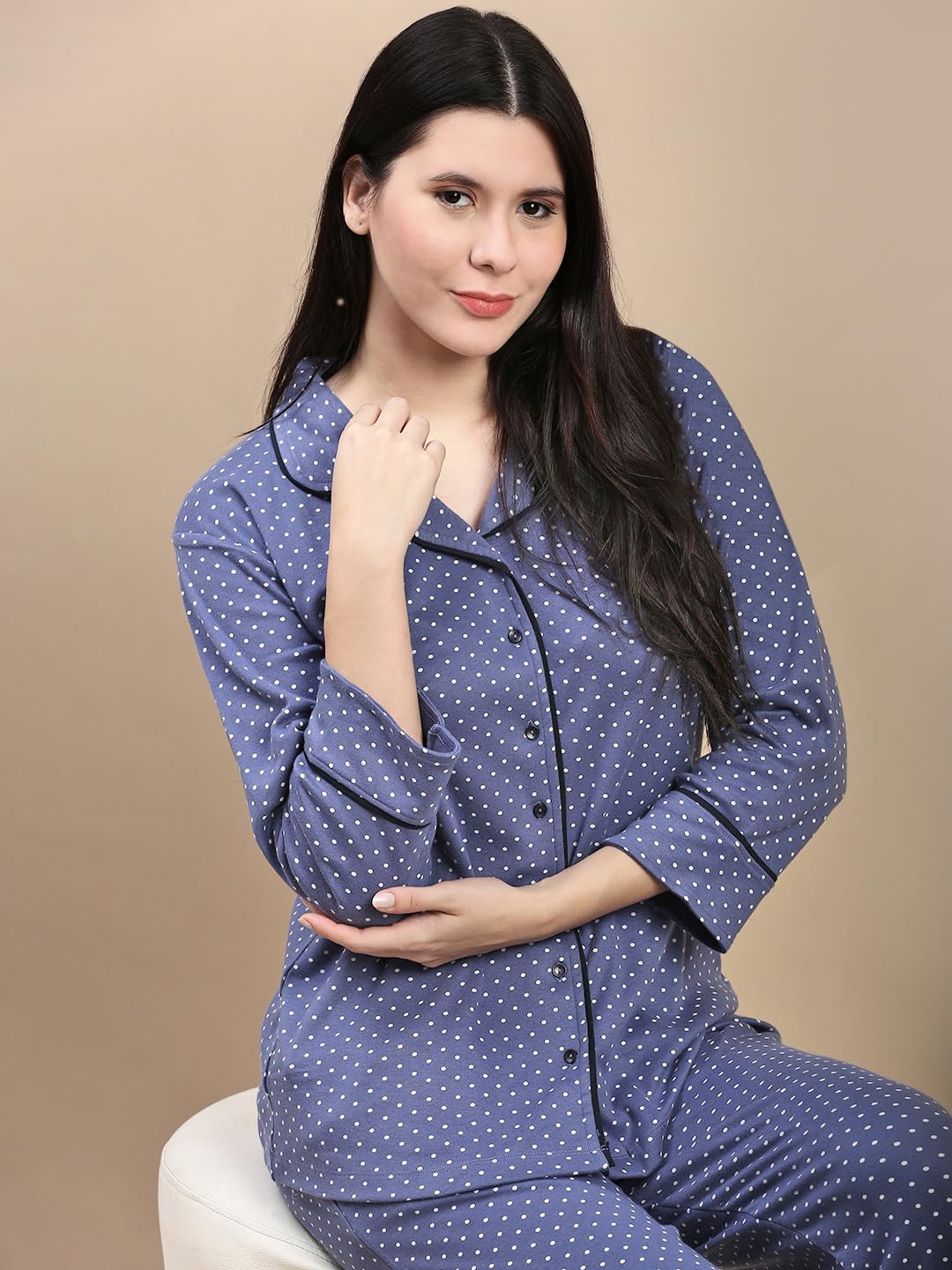 KRYPTIC Womens Lounge Cotton Polka dot Printed 3/4th Sleeve Lapel Collar Front Open Button Placket Relaxed Fit Lounge Tshirt Shirt Top(Cement;XL) - Image 3 thumbnail