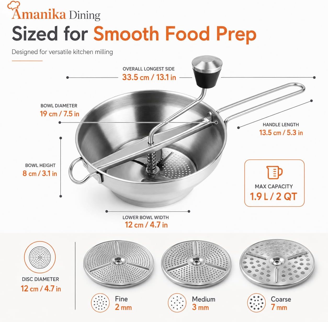 Food Mill Stainless Steel, 2 Qt Manual Food Mill with 3 Discs, Ergonomic Hand Crank, Baby Food Maker & Potato Ricer Stainless Steel for Tomato Sauce, Applesauce, Mashed Potatoes, Purees & canning