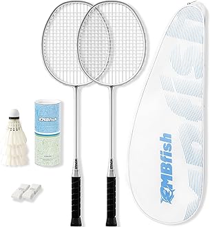 MBFISH Badminton Racket Set with 2 Carbon Fiber Rackets, 3 Shuttlecocks, 2 Replacement Racket Grip Tapes and 1 Badminton Bag - Perfect for Beginners & Outdoor Games 4U
