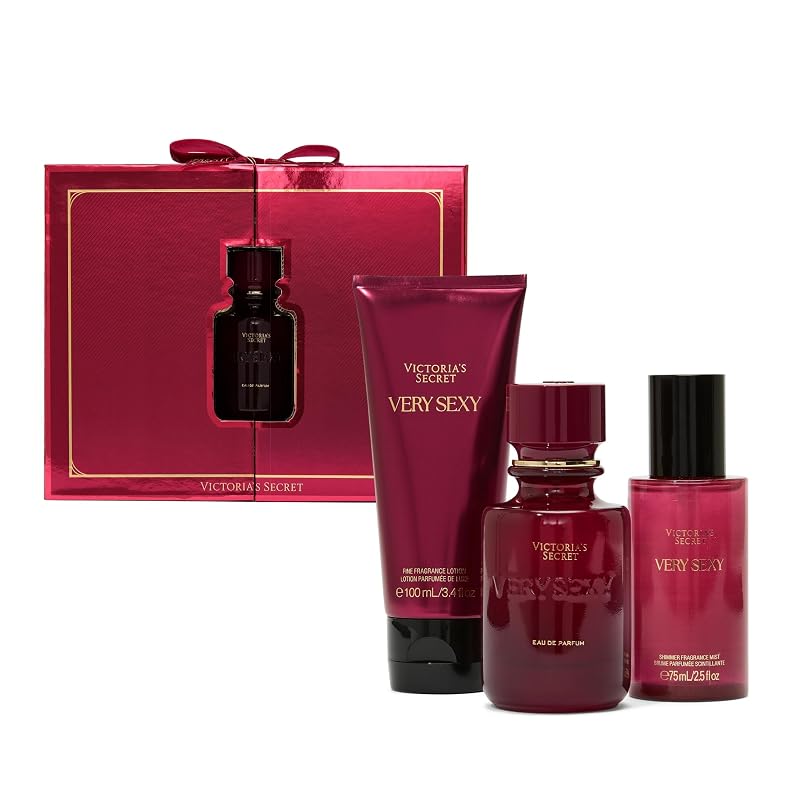 Victoria's Secret Very Sexy Conjunto de Fragrâncias com 3 Peças, Eau de Parfum 50 mL, Loção de Viagem e Bruma com Brilho