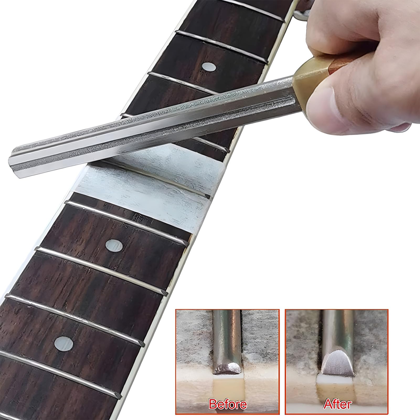 HUIOP Lime à couronner les frettes de guitare Outils de réparation de frettes avec 4 tailles de bords Bords d'encoche étroits/moyens/larges et bords plats Manche en bois Outils de luthier pour guitare