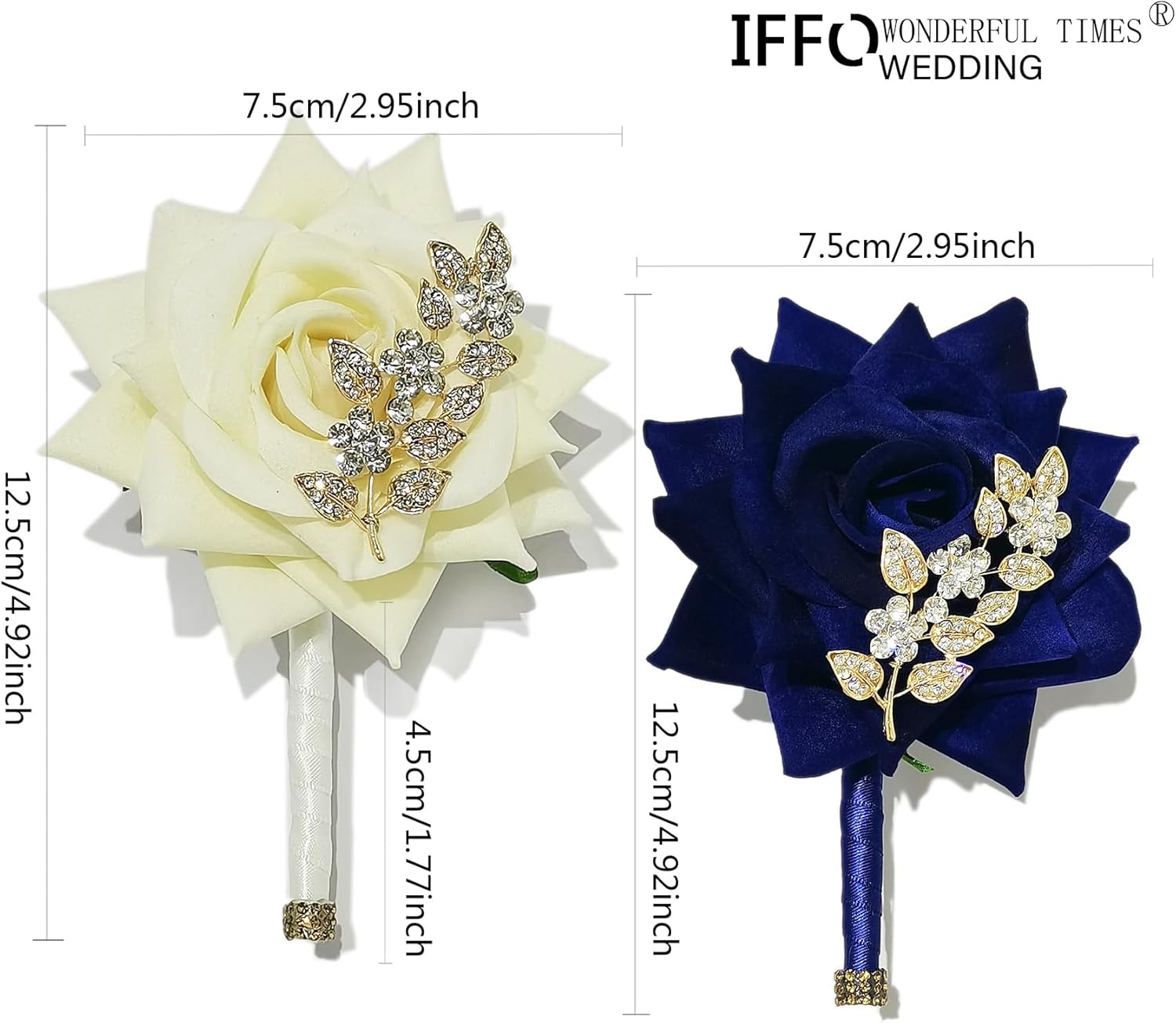 YIFU Wedding Velvet Rose Groom's & Best Man's Corsage Set of 6 - Red, Ivory, Navy Blue Wedding Corsages (6 Navy Blue)