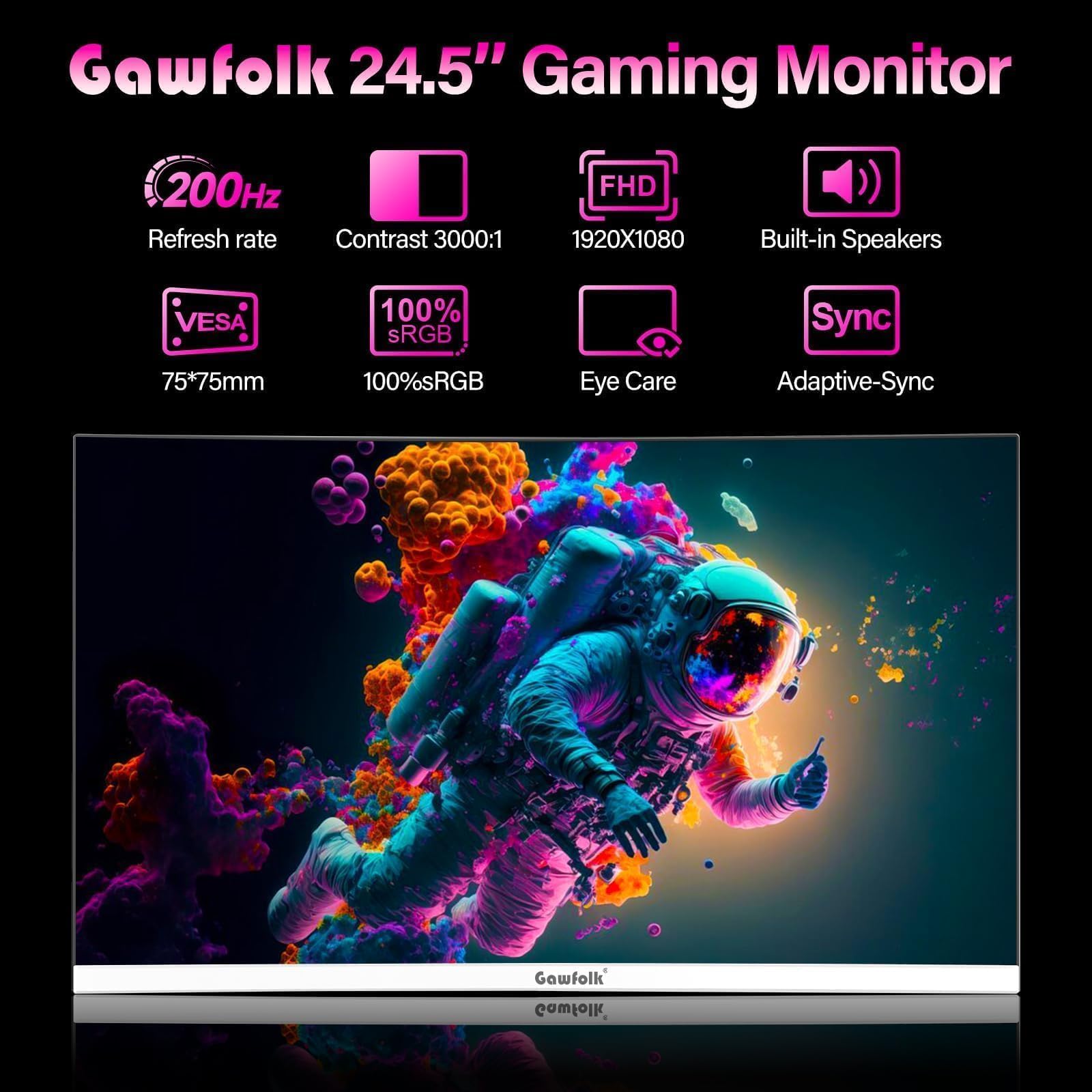 Gawfolk 24,5 Zoll Gaming Monitor 200 Hz FHD 1920x1080 IPS PC Bildschirm mit Lautsprechern Adaptive Sync 100% sRGB
