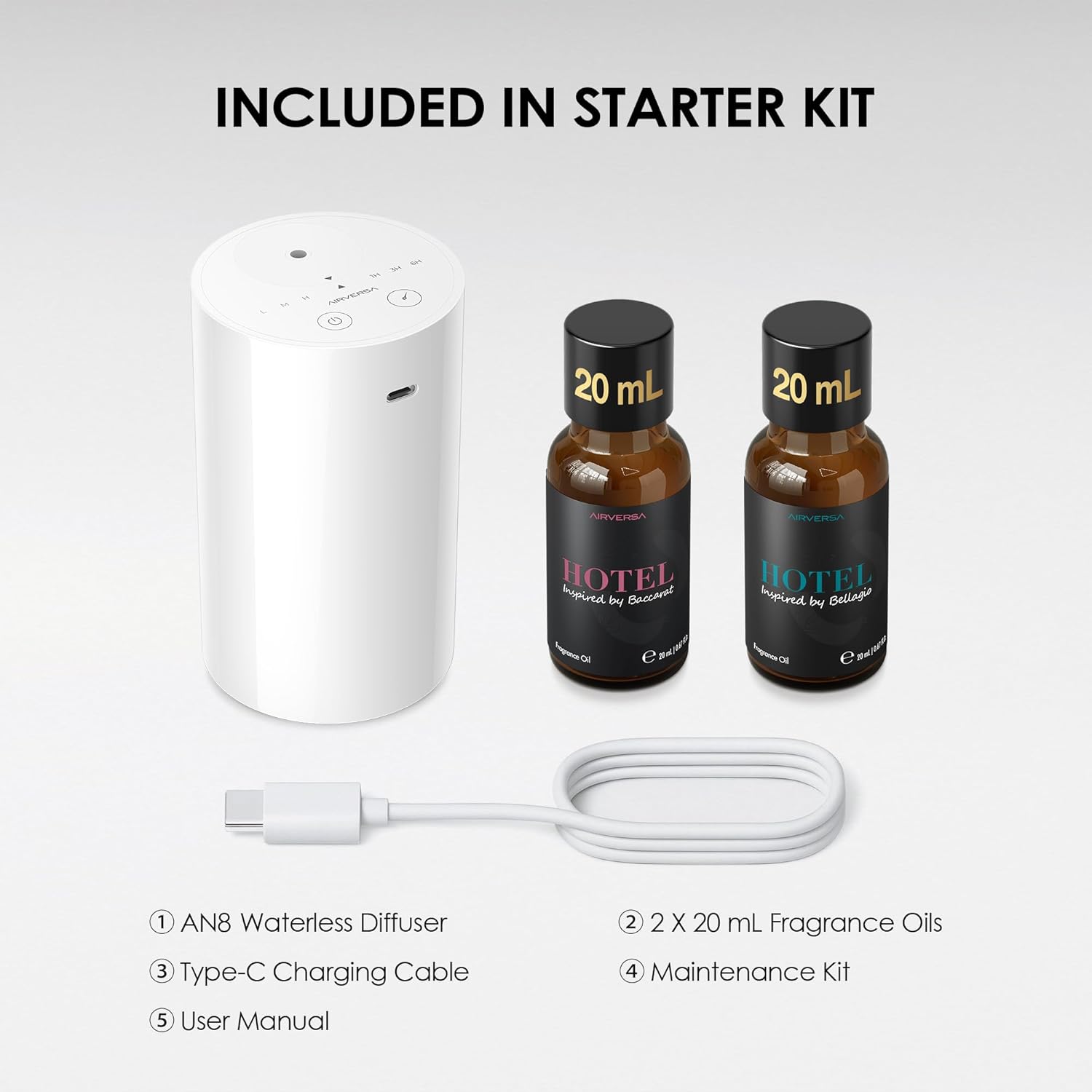 Airversa Waterless Essential Oil Diffuser Starter Kit with 2x20mL Hotel Fragrance Oils, Cordless Nebulizer for Car Home Office, Up to 600 sq ft, Mist/Timer Settings, Baterry Operated, AN8Kit-B, White