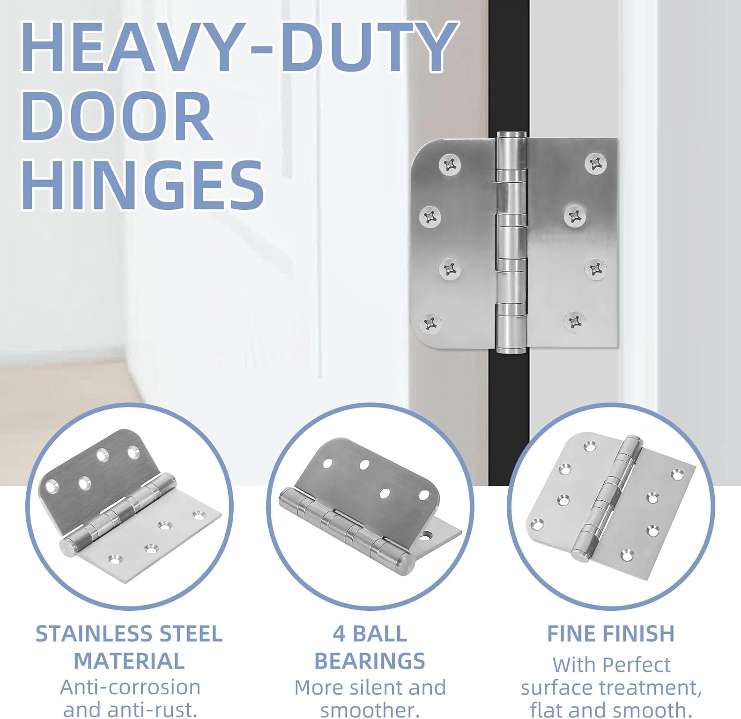12 Pack Brushed Nickel Door Hinges, 4 x 4 Inch Ball Bearing Door Hinges Heavy Duty Stainless Steel Hinges with Screws for Exterior & Interior Doors, Square and 5/8'' Radius Corner, Smooth and Quiet
