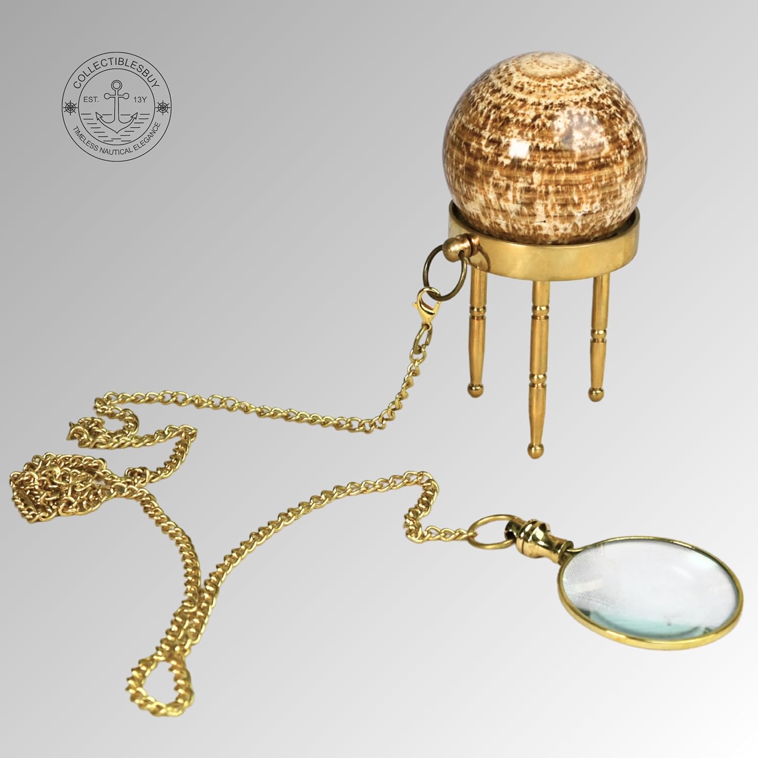 Handmade Polished Fossil Stone Sphere with Brass Stand & Chain Magnifier Decorative Crystal Healing Ball Collectible Desk, Meditation & Home Office Décor