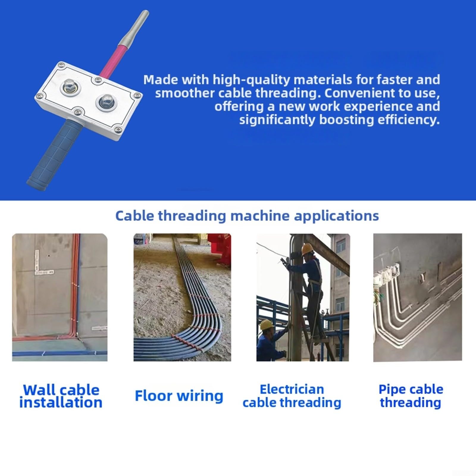 Alambre eléctrico que tira de electricistas, cable de metal que rosca el cableado y el conducto de la pared, instalaciones alternativas eficientes del piso de la cinta de pescado