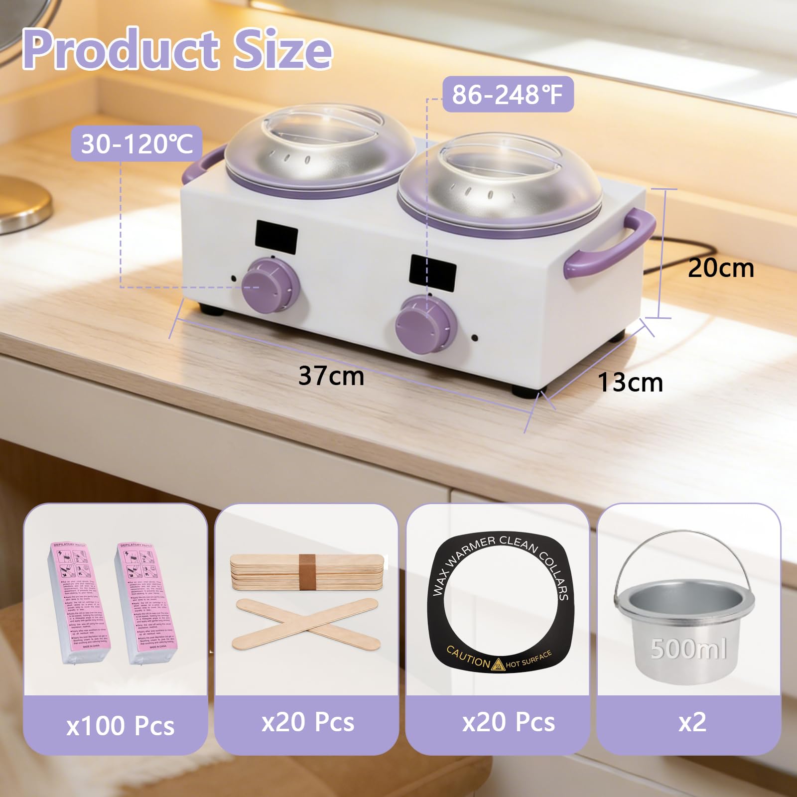 Scaldacera doppio con display elettronico, capacità totale 1 l, scaldacera da 220 W per depilazione con temperatura regolabile, ideale per casa, barbiere, salone