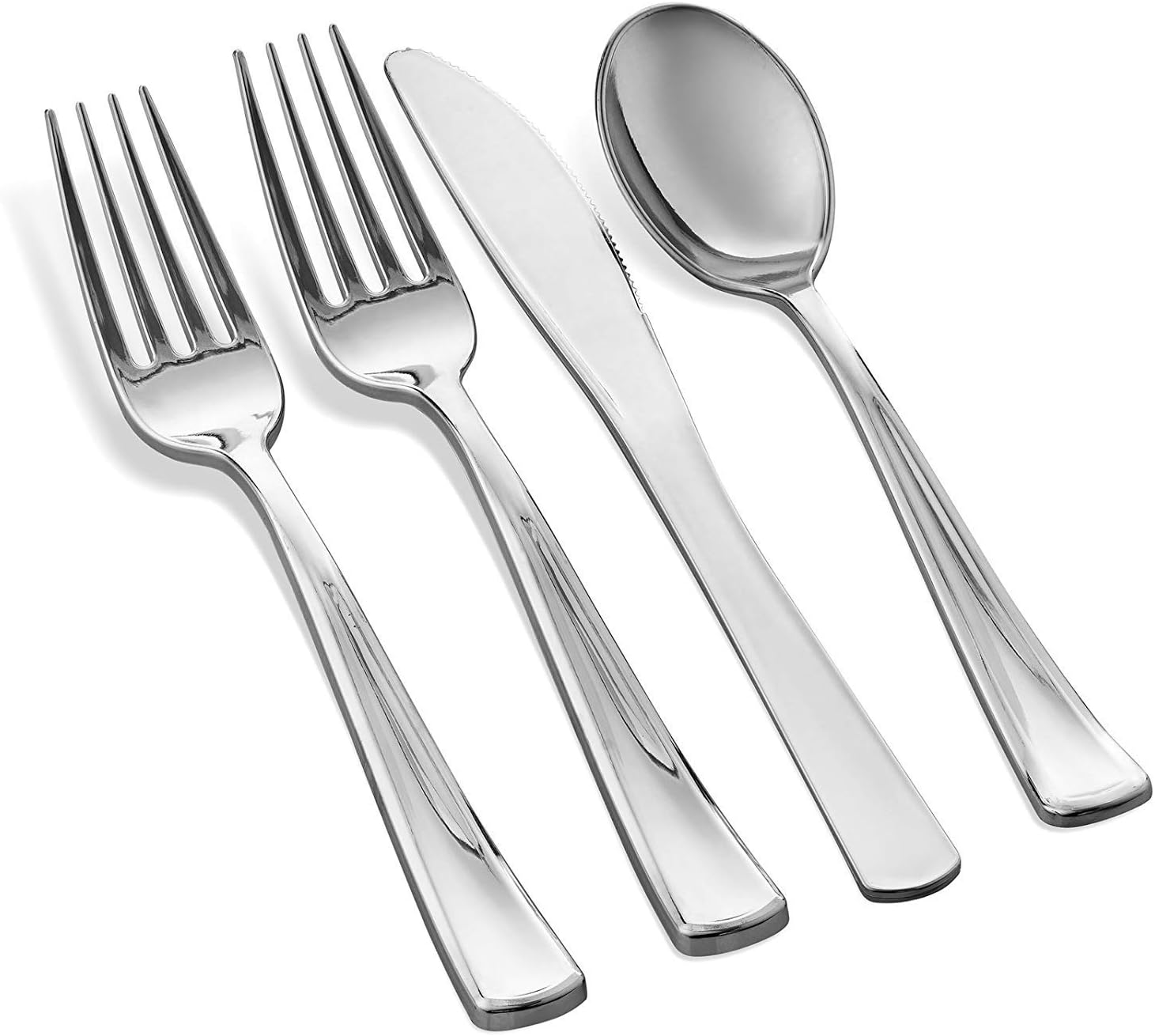 Silver Disposable Plates Set For 50 Guest - 450 Piece Silver Plastic Dinnerware Set - 100 Silver Rimmed Plastic Plates, 50 Silver Rimmed Plastic Cups, 100 Paper Napkins, 50 Silver Silverware Set