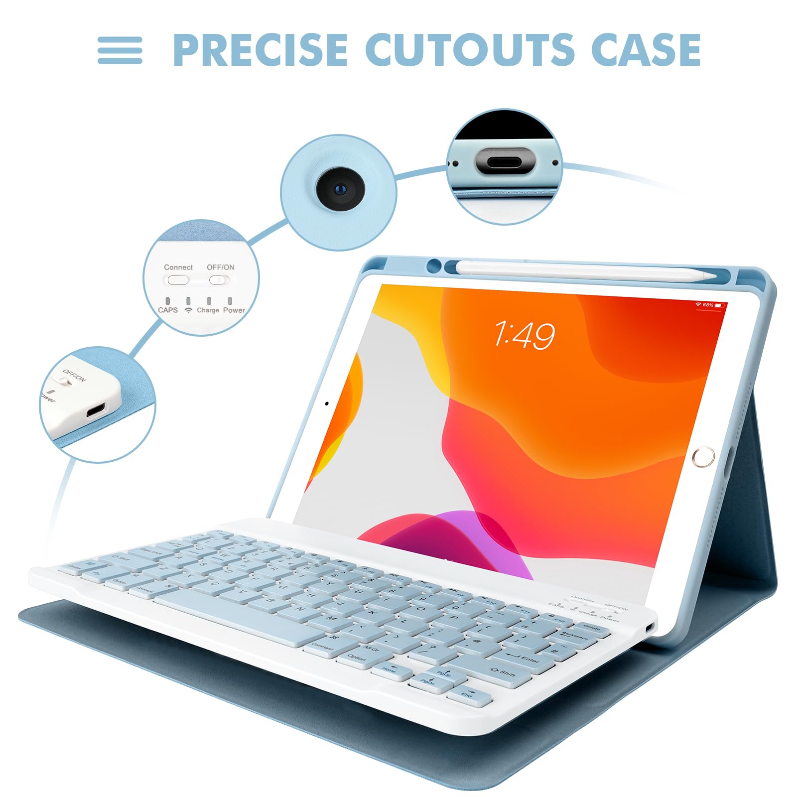 Custodia con tastiera per iPad 10.2 per 9a generazione (2021)/8a generazione (2020)/7a generazione (2019), custodia sottile con tastiera wireless staccabile girevole magnetica e portamatite, blu