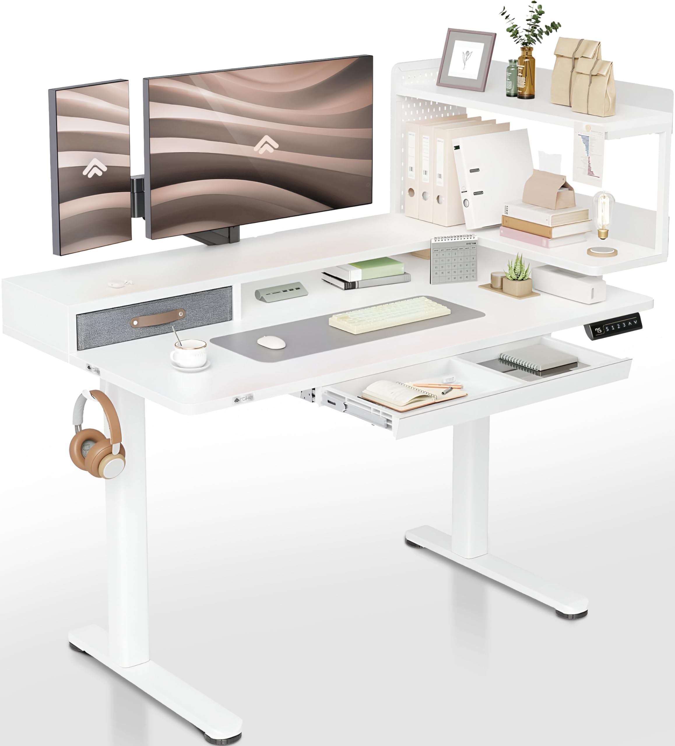 ARTIKEL Stackon Electric Height Adjustable Standing Desk with Shelves, Keyboard Tray & Storage Drawers |Sit-Stand Desk for Home Office| Ergonomic Table with Hook | White. (Cabinet On Right)