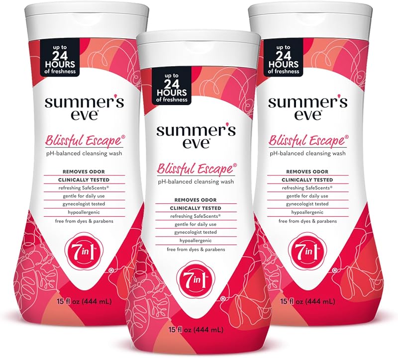 Lavado femenino diario completo Summer's Eve, Blissful Escape, 15 onzas líquidas, paquete de 3 | Summers Eve Feminine Wash, gel de baño suave con pH equilibrado para mujeres, cuidado femenino para eliminar el olor vaginal, probado por ginecólogos
