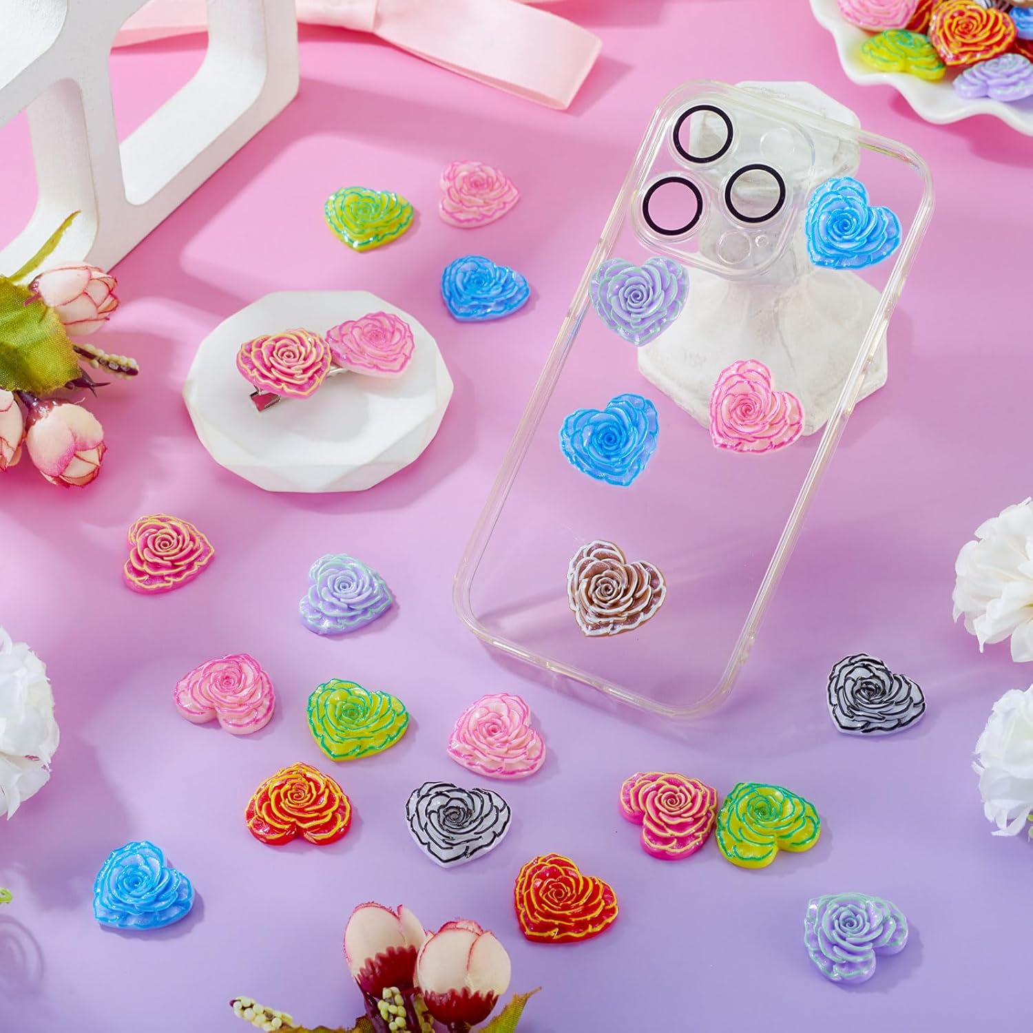 Craftdady 100Pcs Rose Flower Resin Cabochons Mini 3D Heart Flower Flatback Cabochons with Glitter Powder Random Color Floral Decor for Scrapbooking DIY Crafts Wedding Decors 22.5x25mm - Image 4