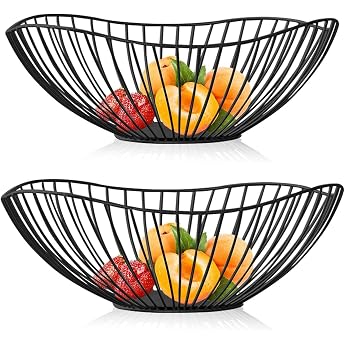 JCAKES 2 x Fruit Bowls Black Fruit Bowls Metal Fruit Basket Fruit Basket Vegetable Basket Fruit Basket Modern Fruit Storage Holder Home Decor Stand for Fruit Vegetables and Bread 25 x 10 cm