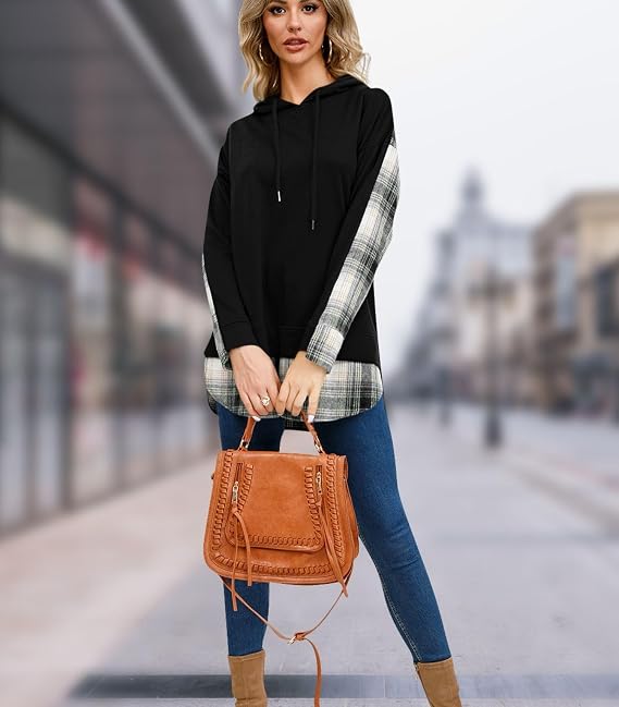 Women's Plaid Patchwork Hooded Sweatshirt Split Hem Hoodie Pullover Jumper Tops