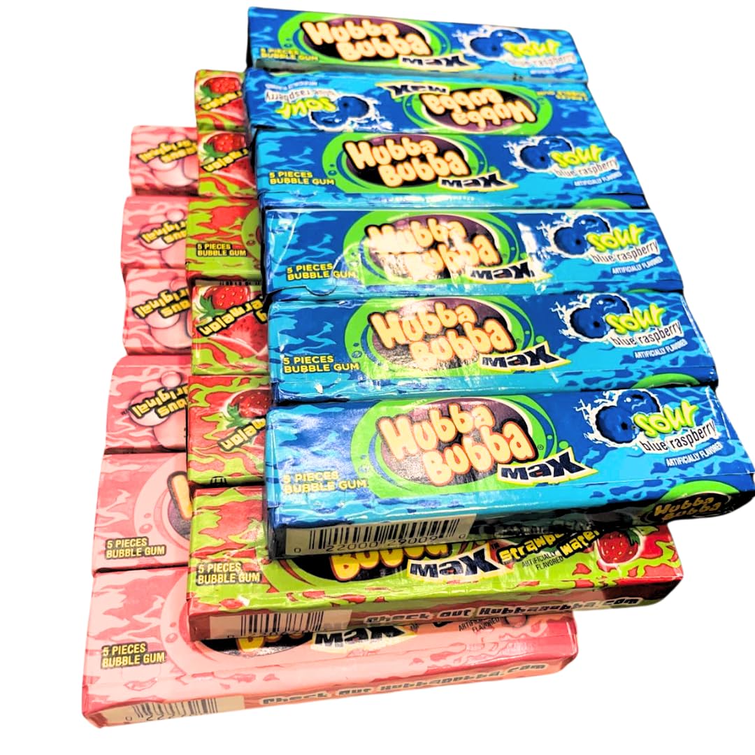 Hubba Bubba Max Bubble Gum - Variety Pack with 3 Flavors (18 Packs in Total), Bubblicious Bubble GumSour Blue Raspberry, Strawberry Watermelon, Outrageous Original -