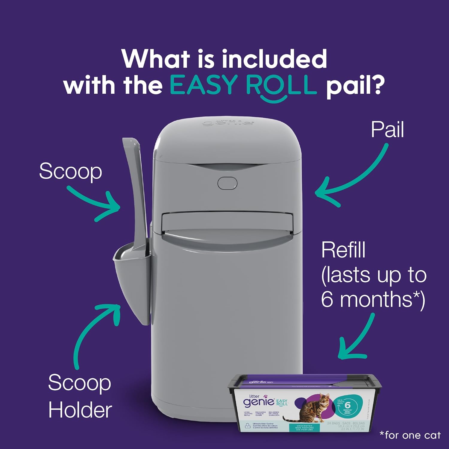 Litter Genie Easy Roll Cat Litter Disposal Pail | Odour Control, Refill Bags & Scoop Grey