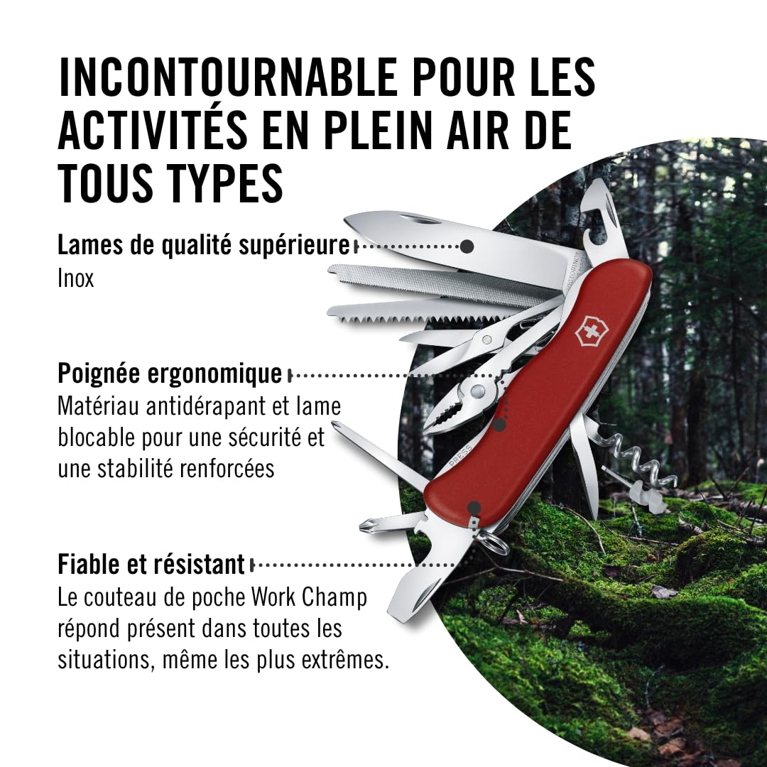 Victorinox Couteau Suisse Work Champ, 21 Fonctions, Outil Multifonction avec Lame Blocable, Pince, Scie à Métaux, Rouge