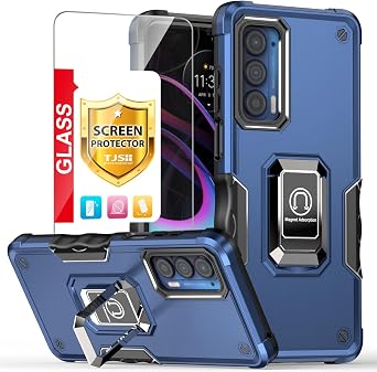 TJS for Motorola Moto Edge 2021 Case, Moto Edge 5G UW Case, with Tempered Glass Screen Protector, [Military Grade] Heavy Duty Protective Cover, Magnetic Support Ring Kickstand Phone Case Blue