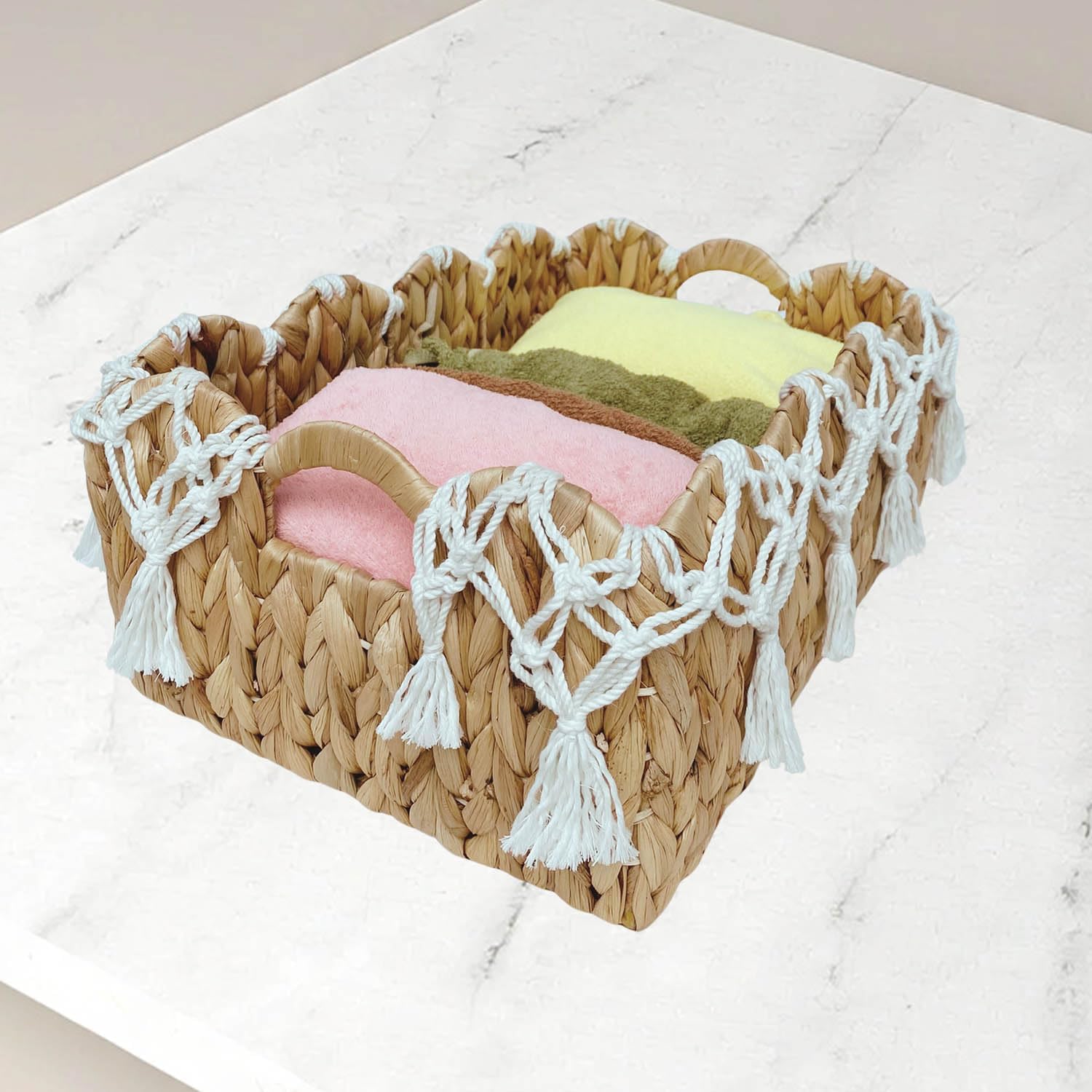 Wavy Edges Water Hyacinth Storage Baskets | Handcrafted Decorative Organizers with Handles | Perfect for Towels, Toys & Home Décor in Living Room, Nusery, Bathroom (Set of 2)